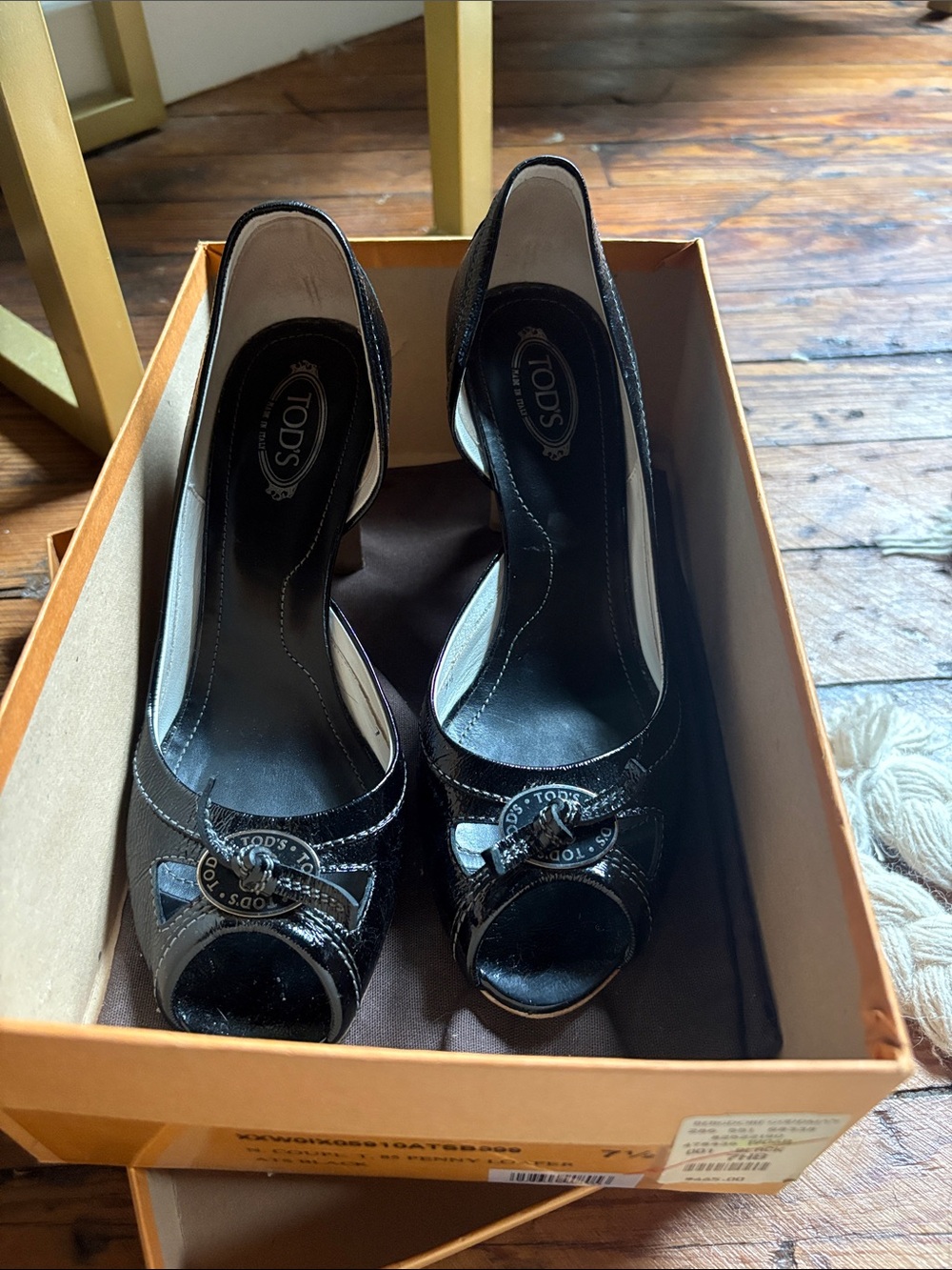 Tod's Black Patent Leather Peep-Toe Pumps with Signature Logo